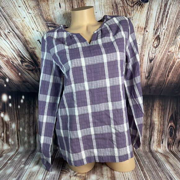 Christopher & Banks Tops - Christopher Banks Womens Size Small Purple White Plaid V Neck Top Blouse Shirt